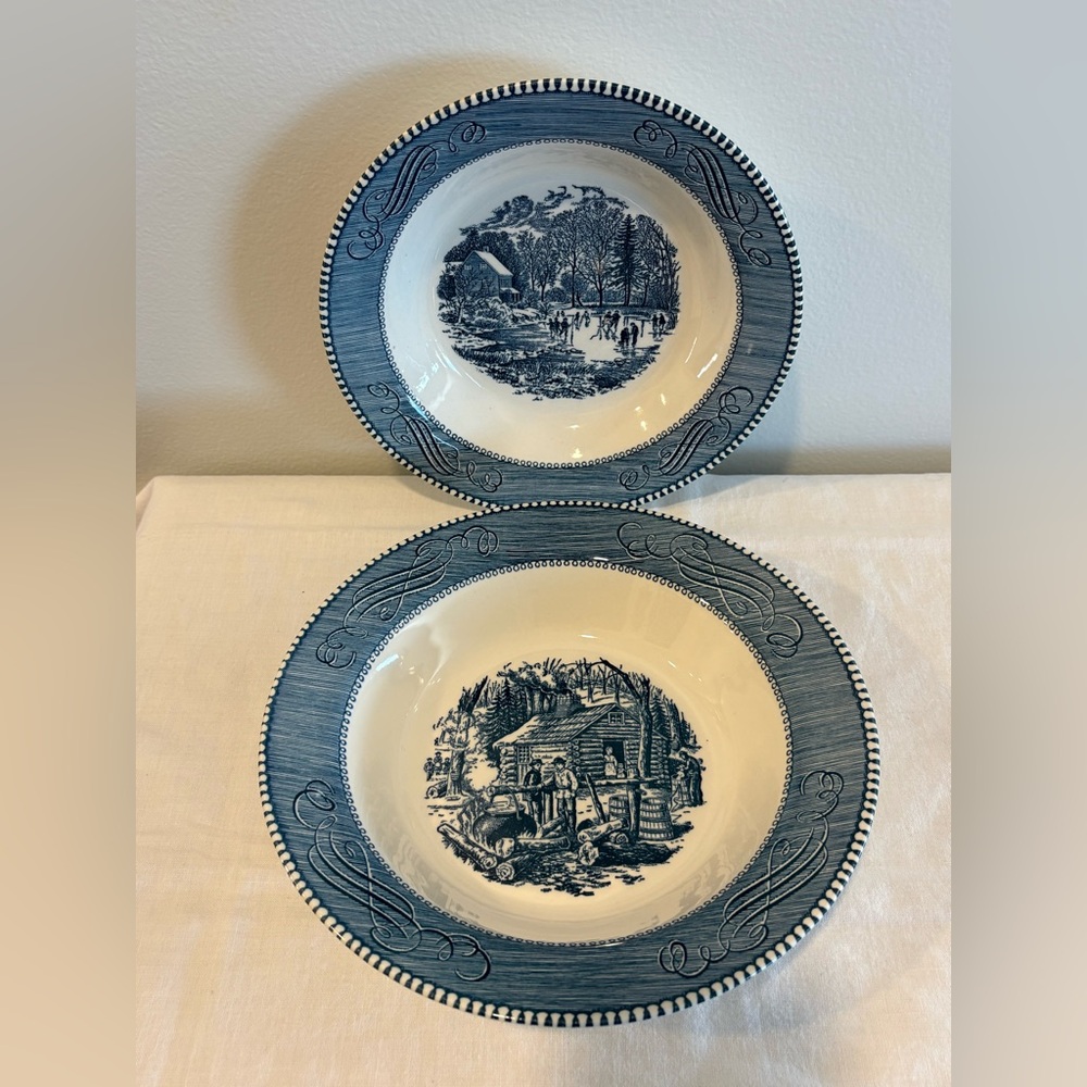 Set Of 2 Currier and Ives by Royal Bowls 9” Maple Sugaring & 8 3/8” Early Winter